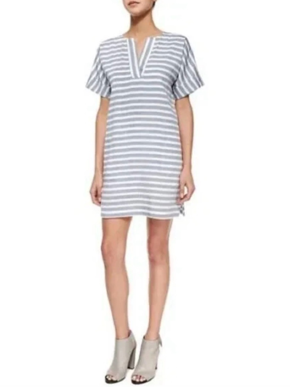 ATM Anthony Thomas Melillo Taupe/Khaki and White Striped V-Neck Tunic Minidress